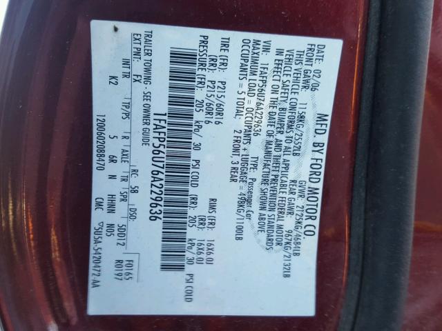 1FAFP56U76A229636 - 2006 FORD TAURUS SEL MAROON photo 10