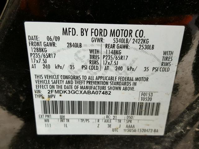 2FMDK3GCXABA07482 - 2010 FORD EDGE SE BLACK photo 10