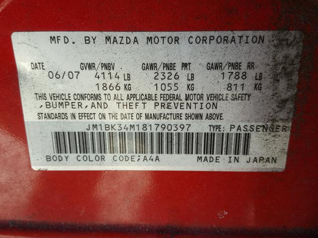 JM1BK34M181790397 - 2008 MAZDA SPEED 3 RED photo 10