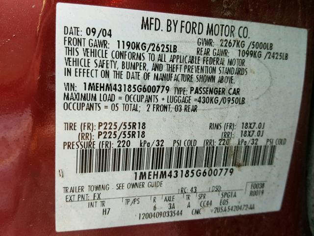 1MEHM43185G600779 - 2005 MERCURY MONTEGO PR BURGUNDY photo 10