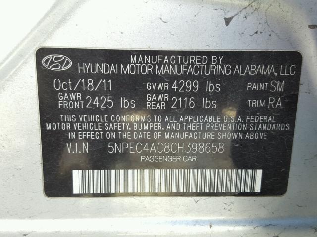 5NPEC4AC8CH398658 - 2012 HYUNDAI SONATA SE SILVER photo 10