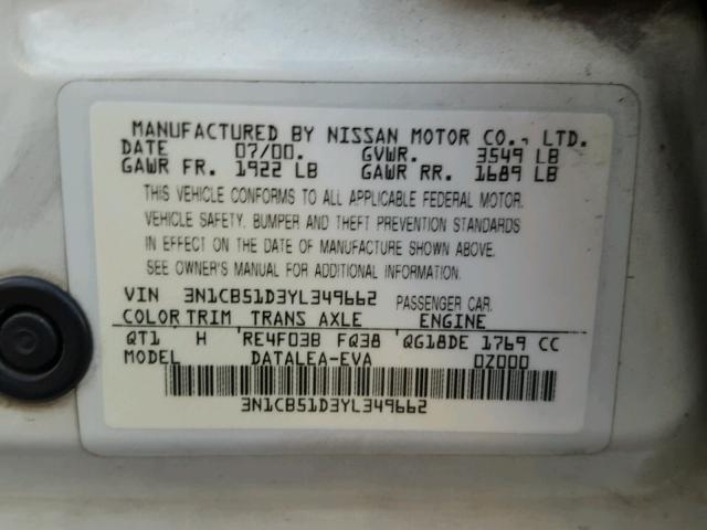 3N1CB51D3YL349662 - 2000 NISSAN SENTRA BAS WHITE photo 10