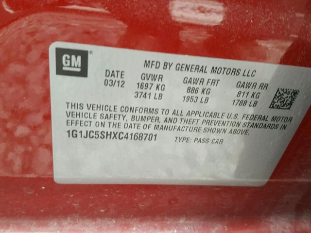 1G1JC5SHXC4168701 - 2012 CHEVROLET SONIC LT RED photo 10