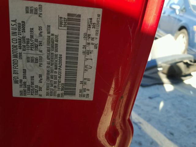 1FTYR14U31PA20084 - 2001 FORD RANGER SUP RED photo 10