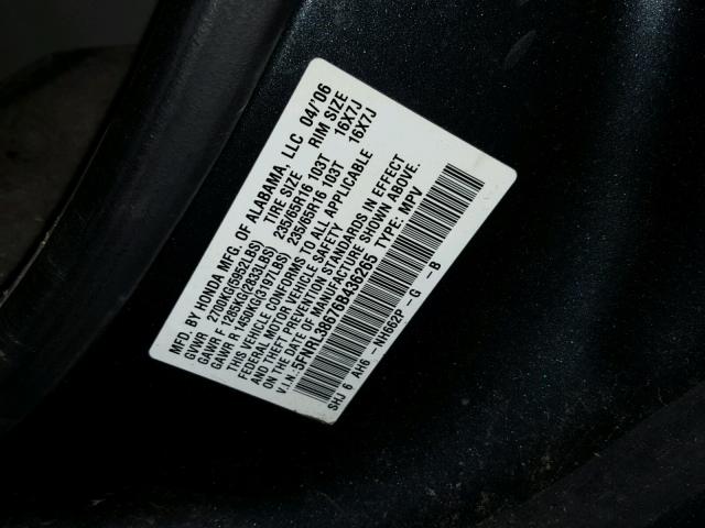 5FNRL38676B436265 - 2006 HONDA ODYSSEY EX CHARCOAL photo 10