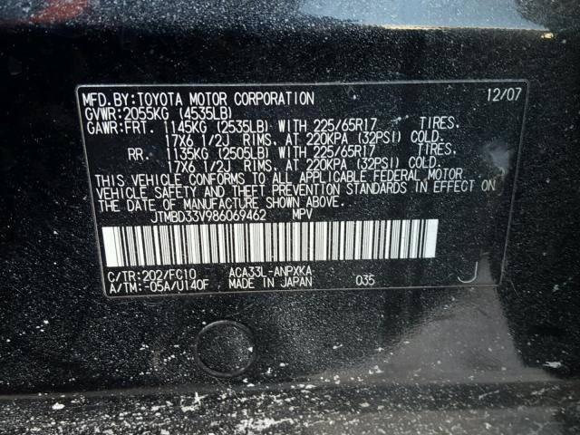 JTMBD33V986069462 - 2008 TOYOTA RAV4 BLACK photo 10