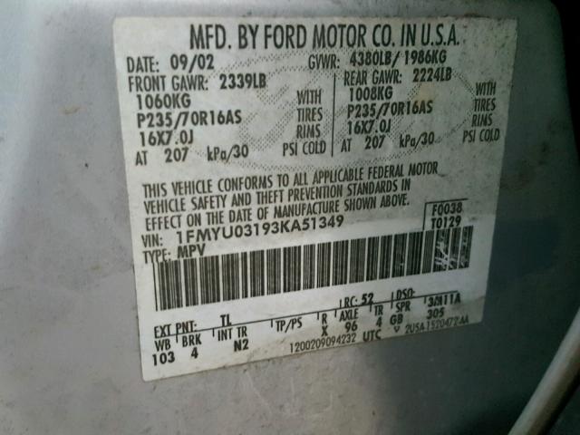 1FMYU03193KA51349 - 2003 FORD ESCAPE XLT GRAY photo 10