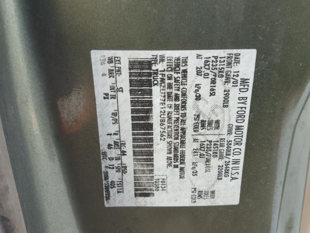 1FMZU77E12UB67562 - 2002 FORD EXPLORER S GREEN photo 10