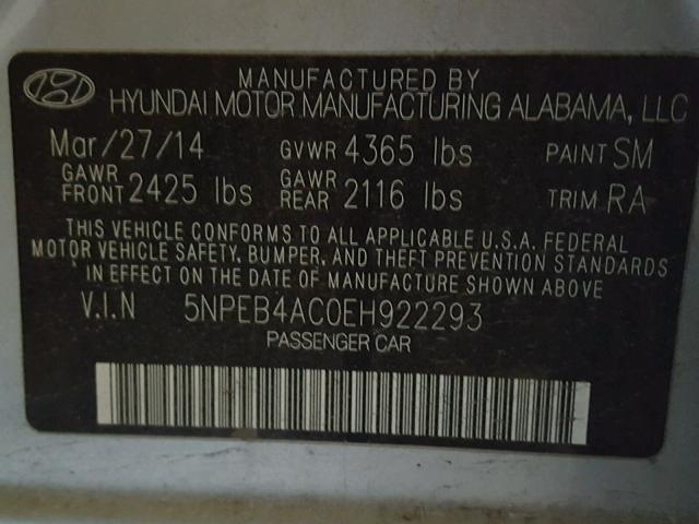 5NPEB4AC0EH922293 - 2014 HYUNDAI SONATA GLS SILVER photo 10