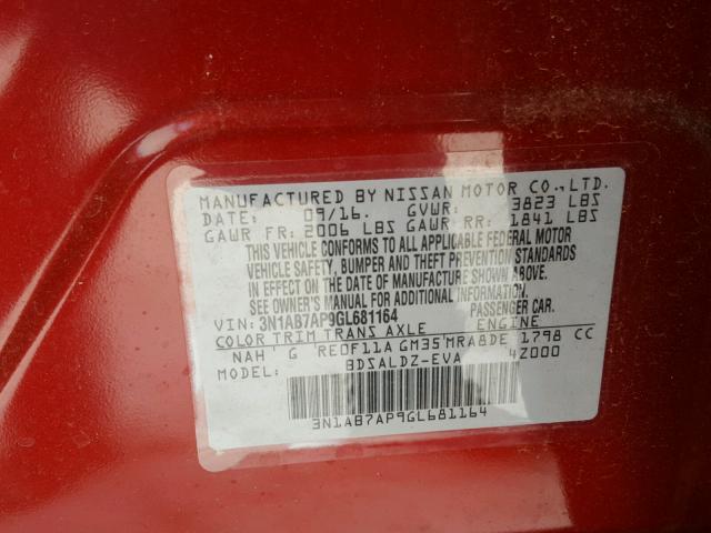 3N1AB7AP9GL681164 - 2016 NISSAN SENTRA S RED photo 10