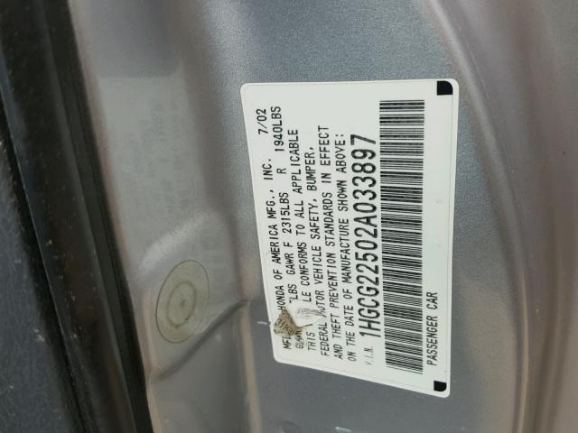 1HGCG22502A033897 - 2002 HONDA ACCORD EX SILVER photo 10