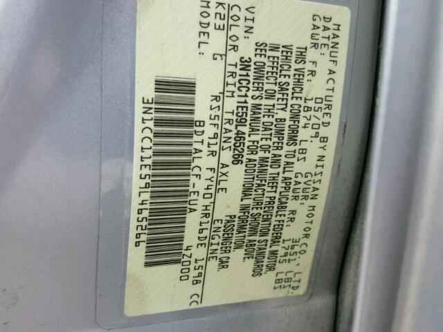 3N1CC11E59L465266 - 2009 NISSAN VERSA S SILVER photo 10