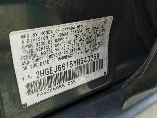 2HGEJ6615YH543259 - 2000 HONDA CIVIC BASE Yaşıl foto 10