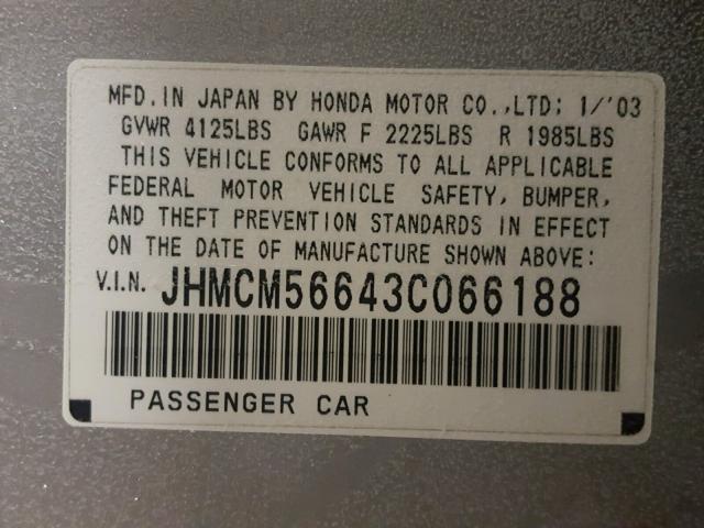 JHMCM56643C066188 - 2003 HONDA ACCORD EX SILVER photo 10