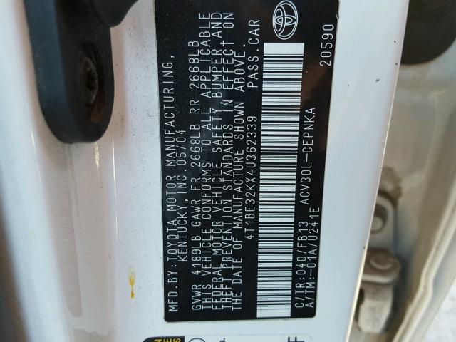 4T1BE32KX4U362339 - 2004 TOYOTA CAMRY LE თეთრი ფოტო 10