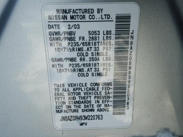 JN8AZ08W93W220763 - 2003 NISSAN MURANO SL GRAY photo 10