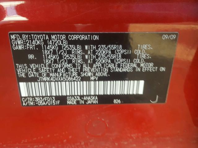 JTMRK4DVXA5086422 - 2010 TOYOTA RAV4 SPORT RED photo 10