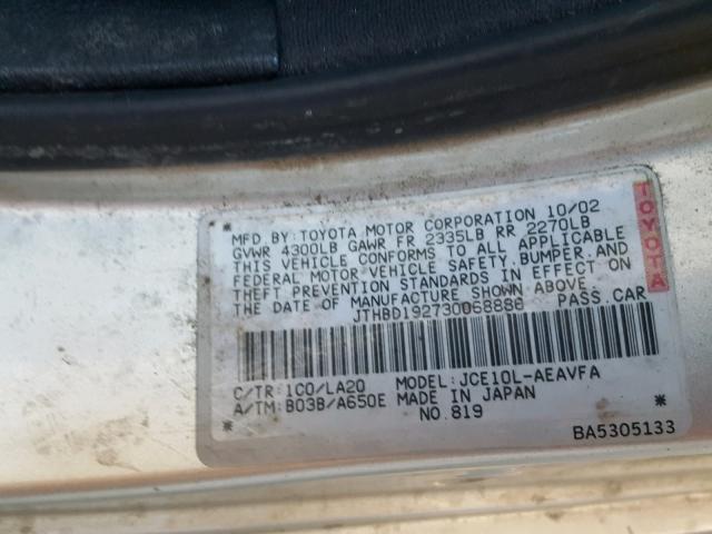 JTHBD192730068886 - 2003 LEXUS IS 300 SILVER photo 10