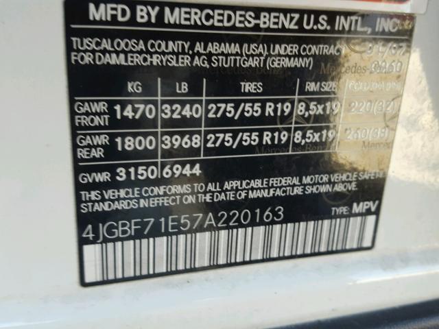 4JGBF71E57A220163 - 2007 MERCEDES-BENZ GL 450 4MA WHITE photo 10