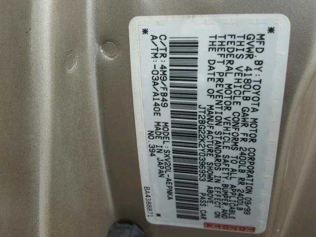 JT2BG22K2Y0396953 - 2000 TOYOTA CAMRY CE TAN photo 10