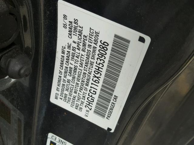 2HGFG116X9H539086 - 2009 HONDA CIVIC LX GRAY photo 10