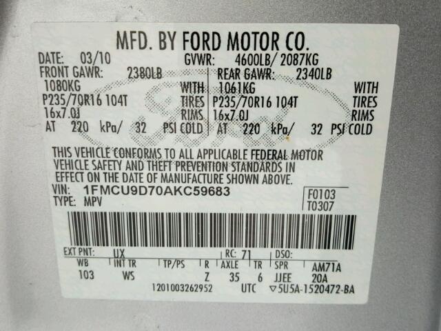 1FMCU9D70AKC59683 - 2010 FORD ESCAPE XLT SILVER photo 10