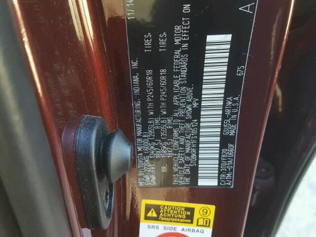 5TDBKRFH1FS105124 - 2015 TOYOTA HIGHLANDER BURGUNDY photo 10