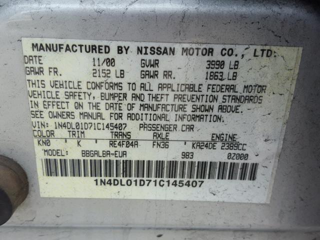 1N4DL01D71C145407 - 2001 NISSAN ALTIMA XE SILVER photo 10