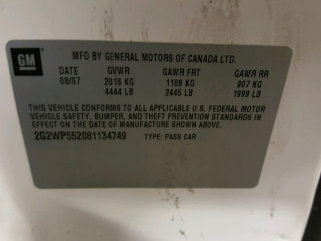 2G2WP552081134749 - 2008 PONTIAC GRAND PRIX WHITE photo 10