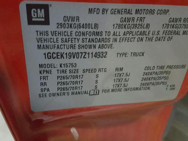 1GCEK19V07Z114932 - 2007 CHEVROLET SILVERADO RED photo 10