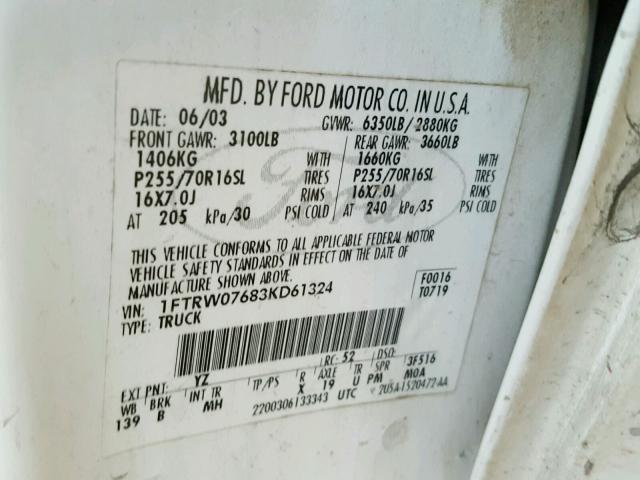 1FTRW07683KD61324 - 2003 FORD F150 SUPER WHITE photo 10