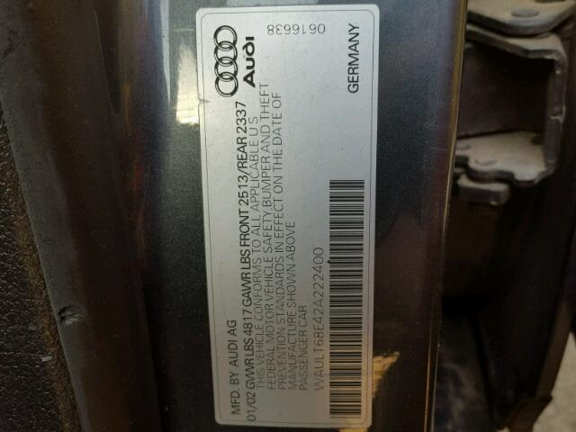 WAULT68E42A222400 - 2002 AUDI A4 3.0 QUA GRAY photo 10