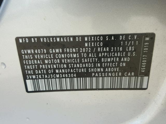 3VW2K7AJ3CM346304 - 2012 VOLKSWAGEN JETTA BASE BLACK photo 10