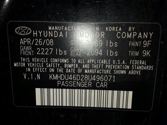 KMHDU46D28U496071 - 2008 HYUNDAI ELANTRA GL BLACK photo 10