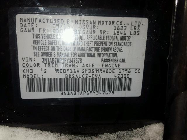 3N1AB7AP1FY347678 - 2015 NISSAN SENTRA S BLACK photo 10