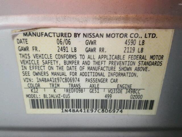 1N4BA41E97C806974 - 2007 NISSAN MAXIMA SE SILVER photo 10