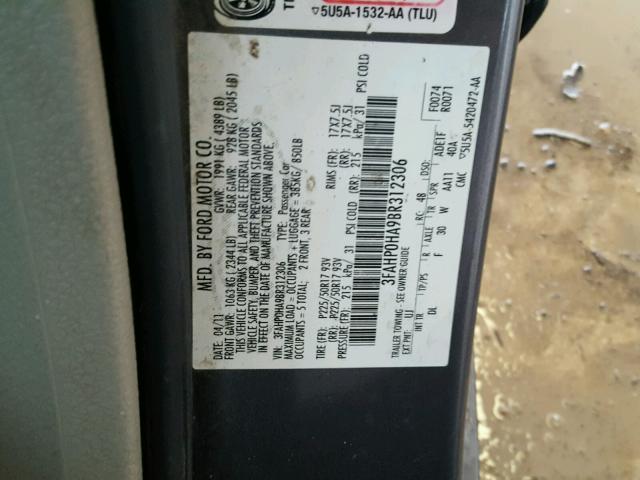 3FAHP0HA9BR312306 - 2011 FORD FUSION SE CHARCOAL photo 10