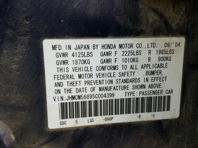 JHMCM56895C004399 - 2005 HONDA ACCORD EX BLUE photo 10