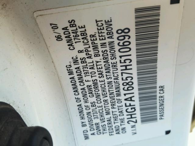 2HGFA16857H510698 - 2007 HONDA CIVIC EX 白色 照片 10