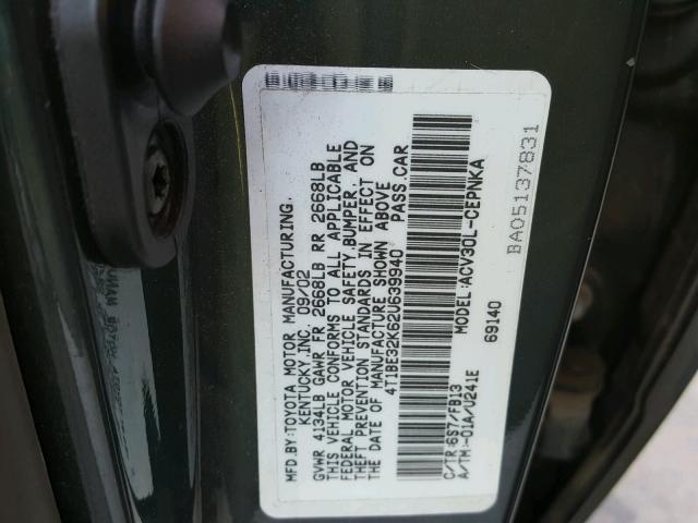 4T1BE32K62U639940 - 2002 TOYOTA CAMRY LE GREEN photo 10