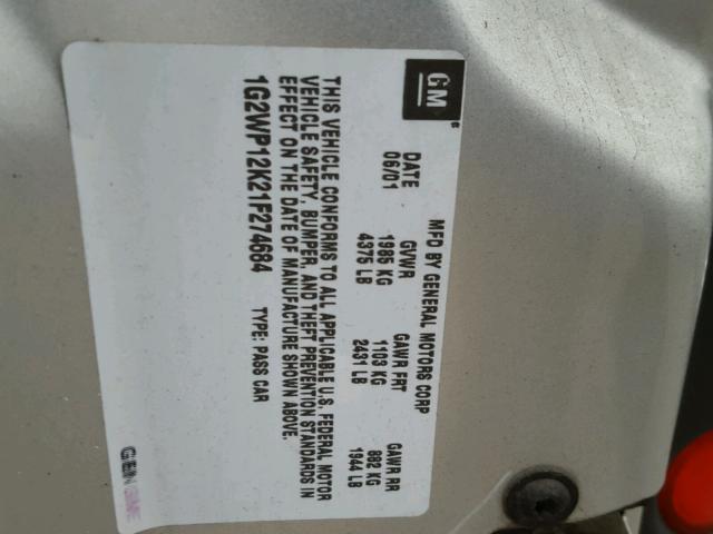 1G2WP12K21F274684 - 2001 PONTIAC GRAND PRIX 银色 照片 10