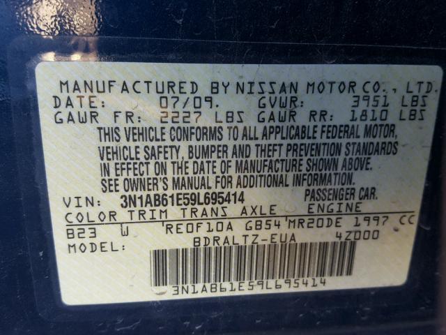 3N1AB61E59L695414 - 2009 NISSAN SENTRA 2.0 BLUE photo 10