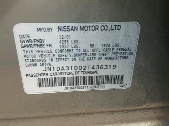 JN1DA31D02T436319 - 2002 NISSAN MAXIMA GLE TEAL photo 10