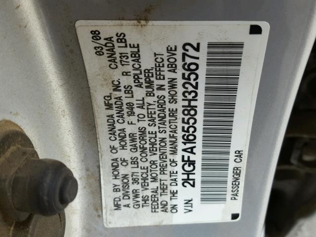 2HGFA16558H325672 - 2008 HONDA CIVIC LX SILVER photo 10