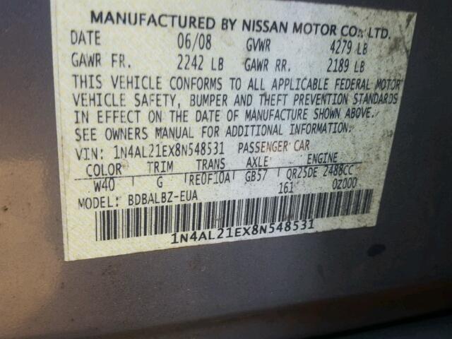 1N4AL21EX8N548531 - 2008 NISSAN ALTIMA 2.5 GRAY photo 10