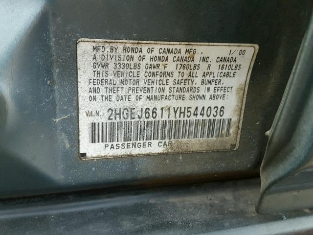 2HGEJ6611YH544036 - 2000 HONDA CIVIC BASE BLUE photo 10