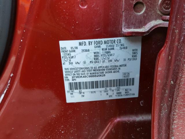 2FMDK48C98BB20628 - 2008 FORD EDGE SEL RED photo 10