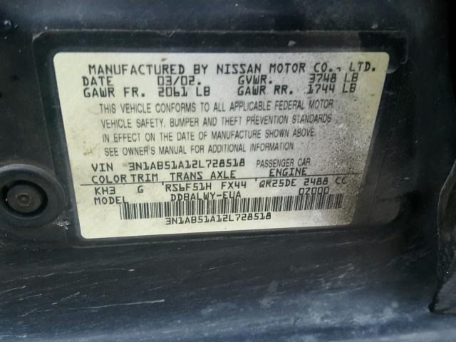 3N1AB51A12L728518 - 2002 NISSAN SENTRA SE- BLACK photo 10