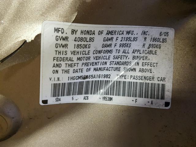 1HGCM56465A161982 - 2005 HONDA ACCORD LX TAN photo 10