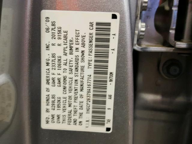 1HGCP26379A167714 - 2009 HONDA ACCORD LX SILVER photo 10